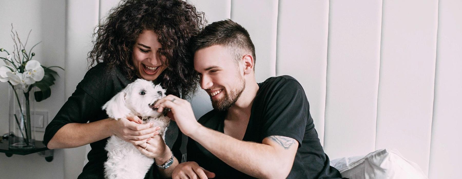 a man and woman sitting on a bed playing with a dog